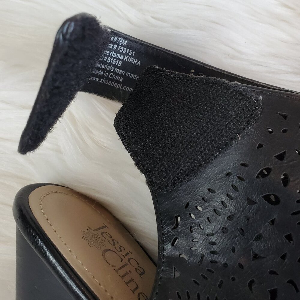 Jessica Cline Black Open Toe Laser Cut Chunky Heel SZ 7.5 - Picture 11 of 15